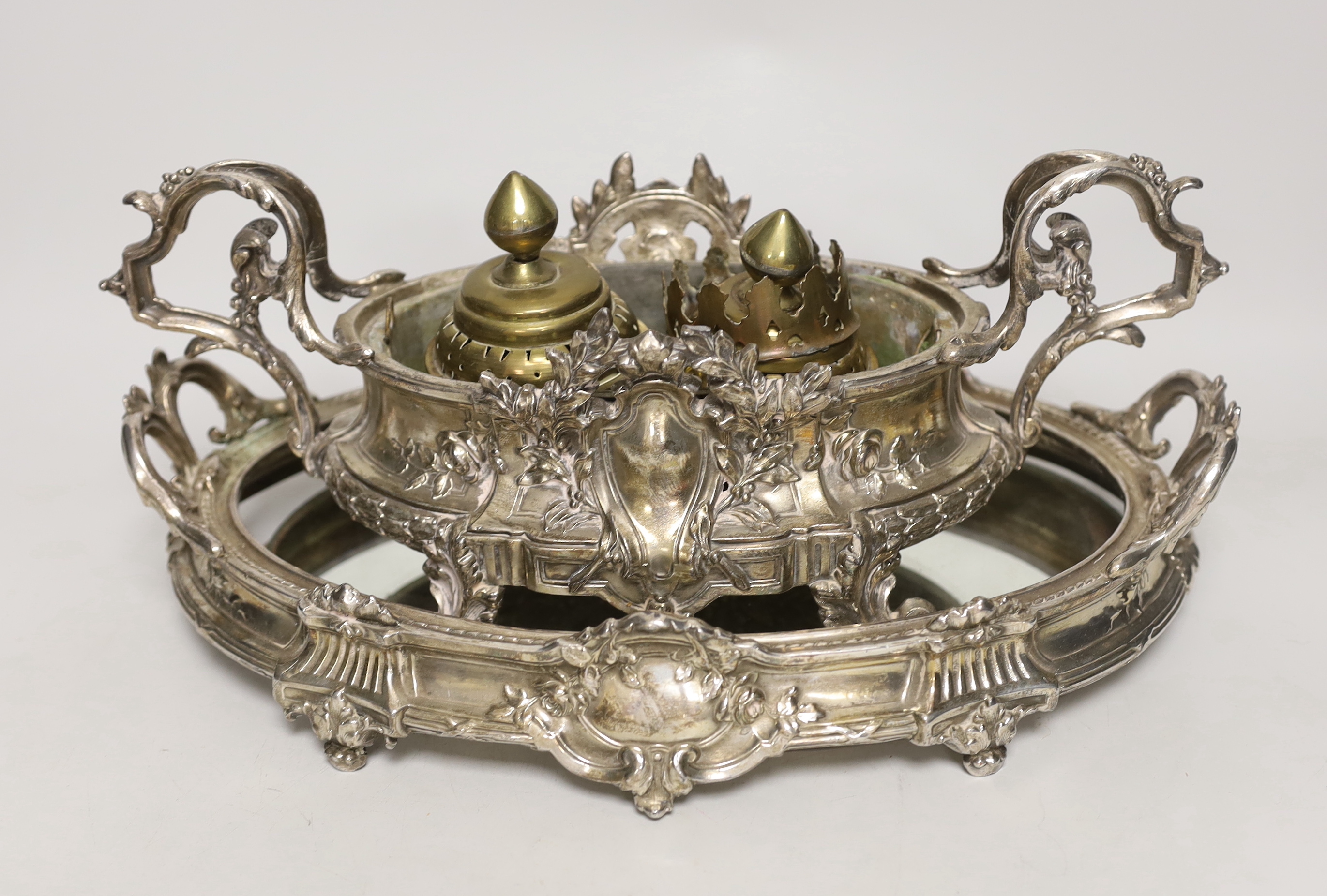 A silver plated planter and glass stand together with a pair of GWR railway lamps, largest 34cm wide